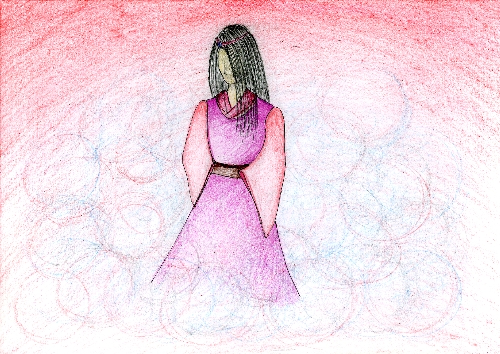 赤い湖面に立っている桃色の服を着た精女のイラスト