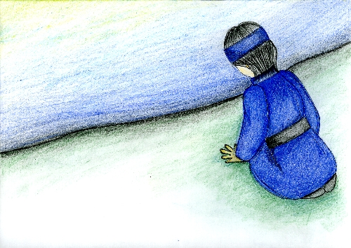 湖畔で正座しながら湖面を覗いている青い服を着た男性のイラスト