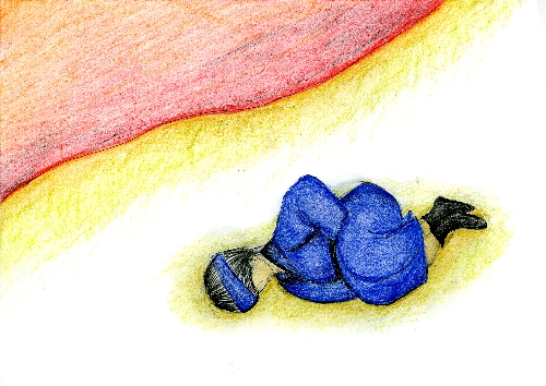 湖畔で、赤く染まった湖と、膝を曲げて横たわっている青い服を着た男性のイラスト