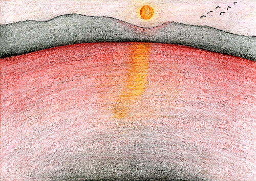 赤い太陽に照らされている赤い湖面と空を飛ぶ六羽の鳥のイラスト