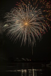 闇夜に白い打ち上げ花火が咲いている様子の写真