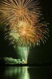 闇夜に黄色と緑の打ち上げ花火が連続で咲いている様子の写真