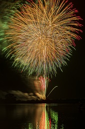 闇夜に黄色と緑の打ち上げ花火が咲いている様子の写真