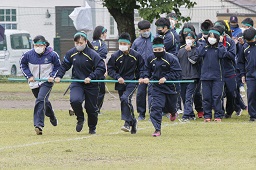 緑のはちまきをした4人の中学生が横一列に並んで緑の棒を持ってグラウンドを走っている写真
