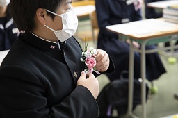 バラのコサージュを着ている学ランにつけようとしている新一年生の男子の写真