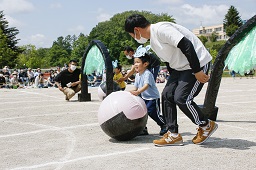 グラウンドでお面を付けた園児と付き添いの先生が大玉を転がしている様子の写真