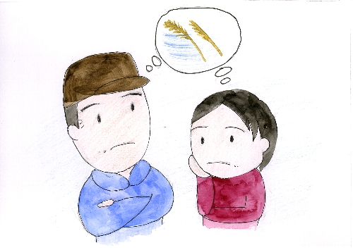 稲のことで悩み腕を組んでいる男性と頬杖ついている女性のイラスト