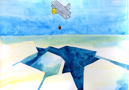 プロペラ機から流氷に向けて赤いインクを詰めた目印を投下しているイラスト