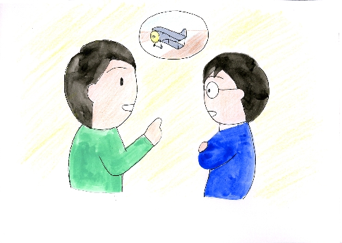 緑の服を着た男性と青い服のメガネ姿の男性が飛行機の話をいているイラスト
