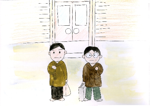 茶色い上着を着た二人の男性が荷物を持ち扉の前に立っているイラスト
