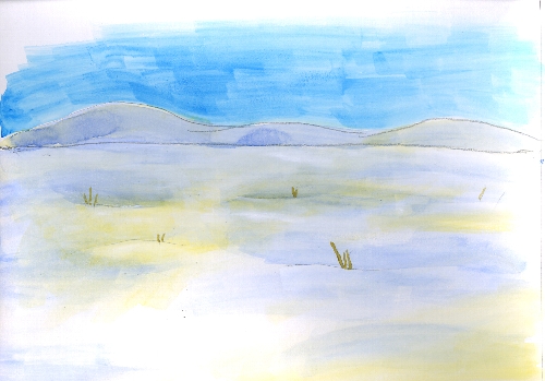 一面の雪原が広がっているところに草がいくつか生えているイラスト