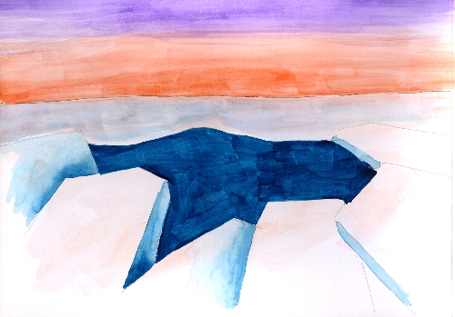 夕暮れの紫色の空と赤色の海と白い流氷のイラスト