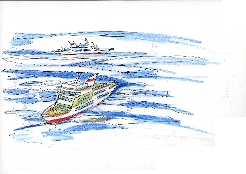 流氷が広がる海を航行している2艘の船のイラスト
