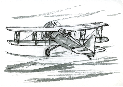 プロペラ機が滑走路から飛び立とうとしている瞬間のイラスト