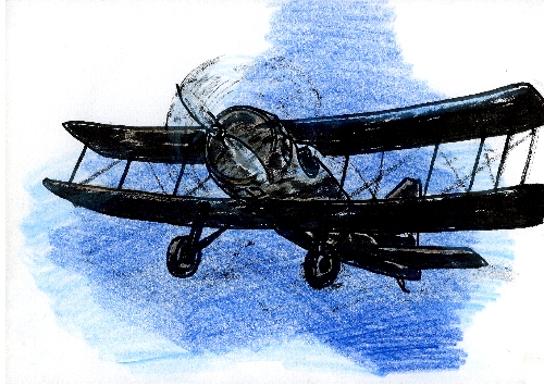 黒いプロペラ機が青い空を飛行しているイラスト