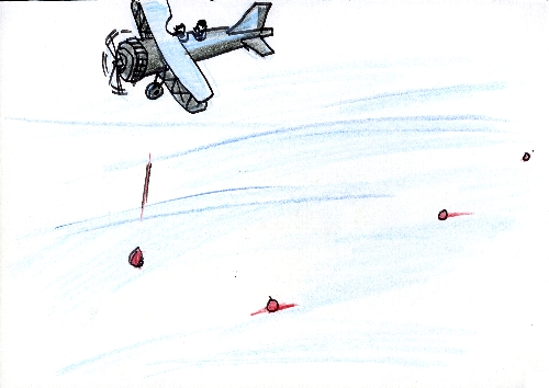 流氷の上を飛んでいるプロペラ機から赤い目印が投下されている様子のイラスト