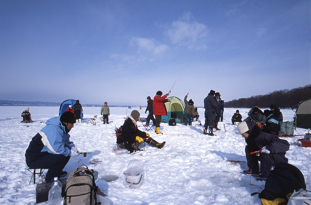 雪上で十数人の男性たちがわかさぎ釣りを行っている写真
